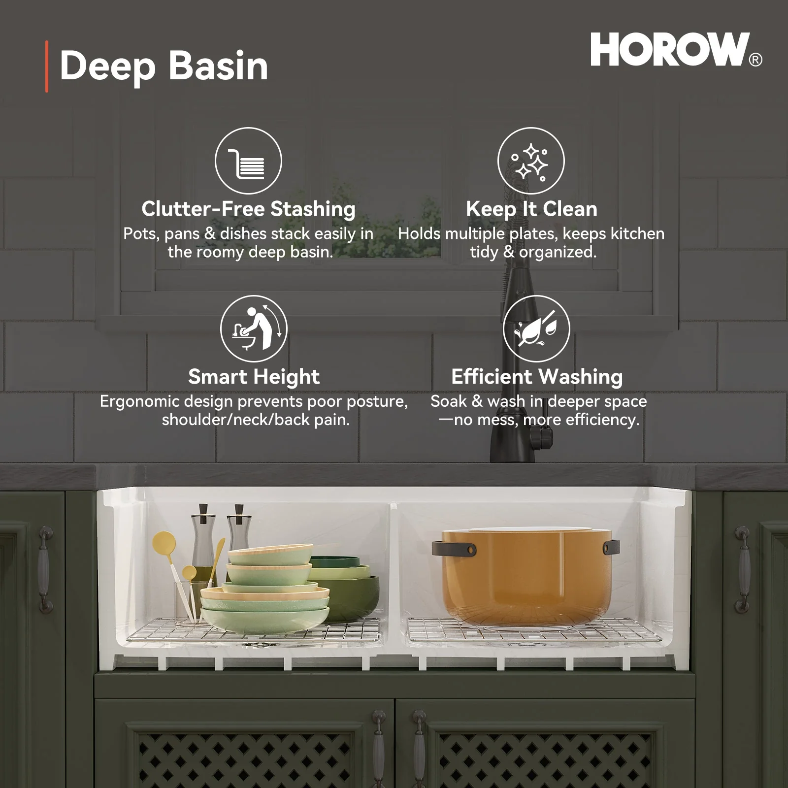 HOROW 33" Double Bowl Ceramic Kitchen Sink with Drainboard - Image 12
