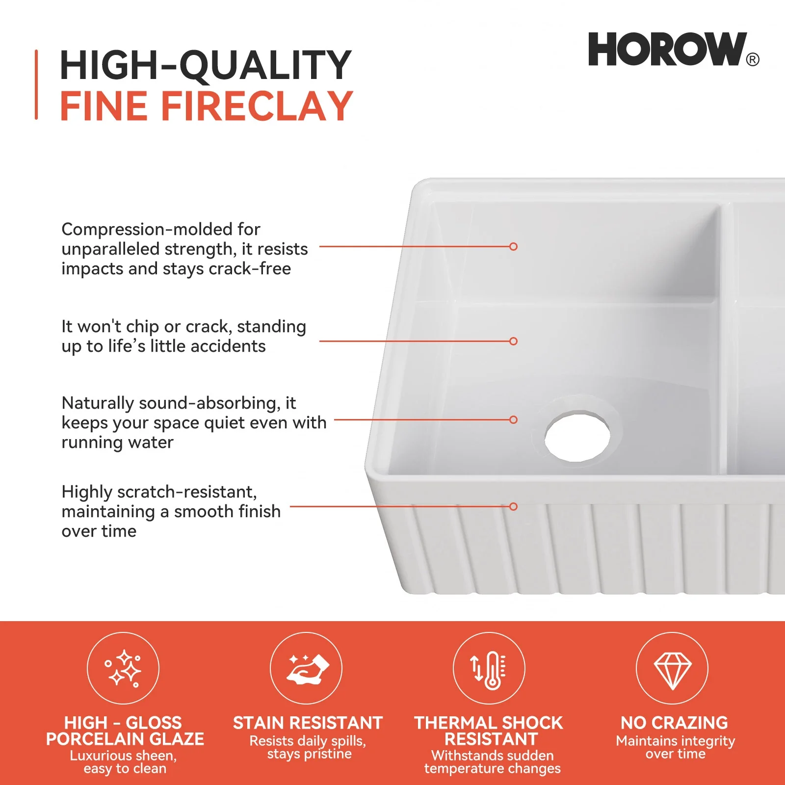 HOROW 33" Double Bowl Ceramic Kitchen Sink with Drainboard - Image 14