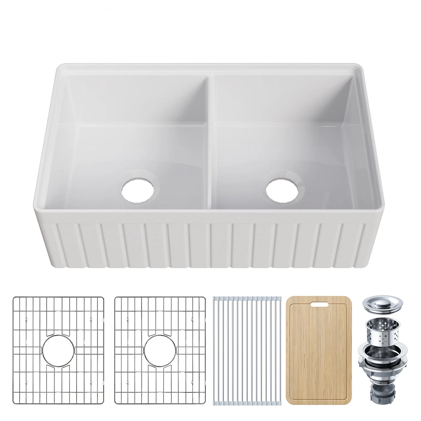 HOROW 33" Double Bowl Ceramic Kitchen Sink with Drainboard - Image 8