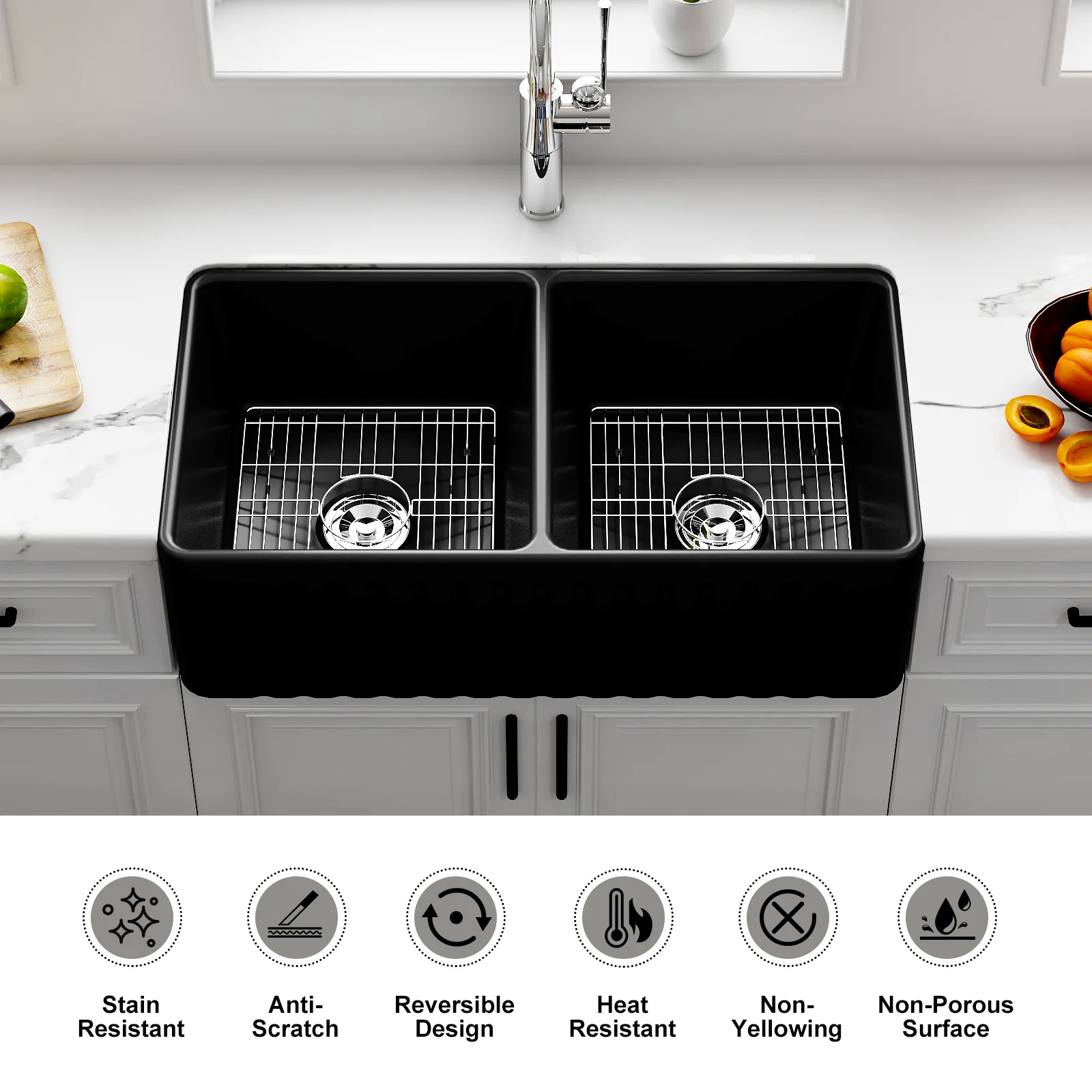 HOROW 33 Inch Farm Kitchen Sink Double Basin Fireclay Model HR-DS3318B - Image 4