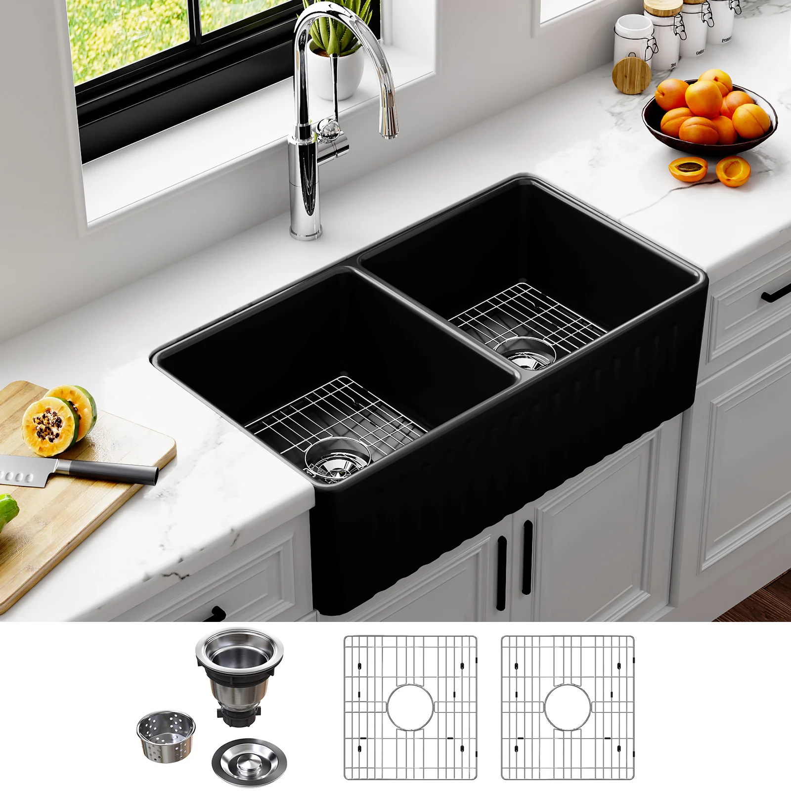 HOROW 33 Inch Farm Kitchen Sink Double Basin Fireclay Model HR-DS3318B - Image 6